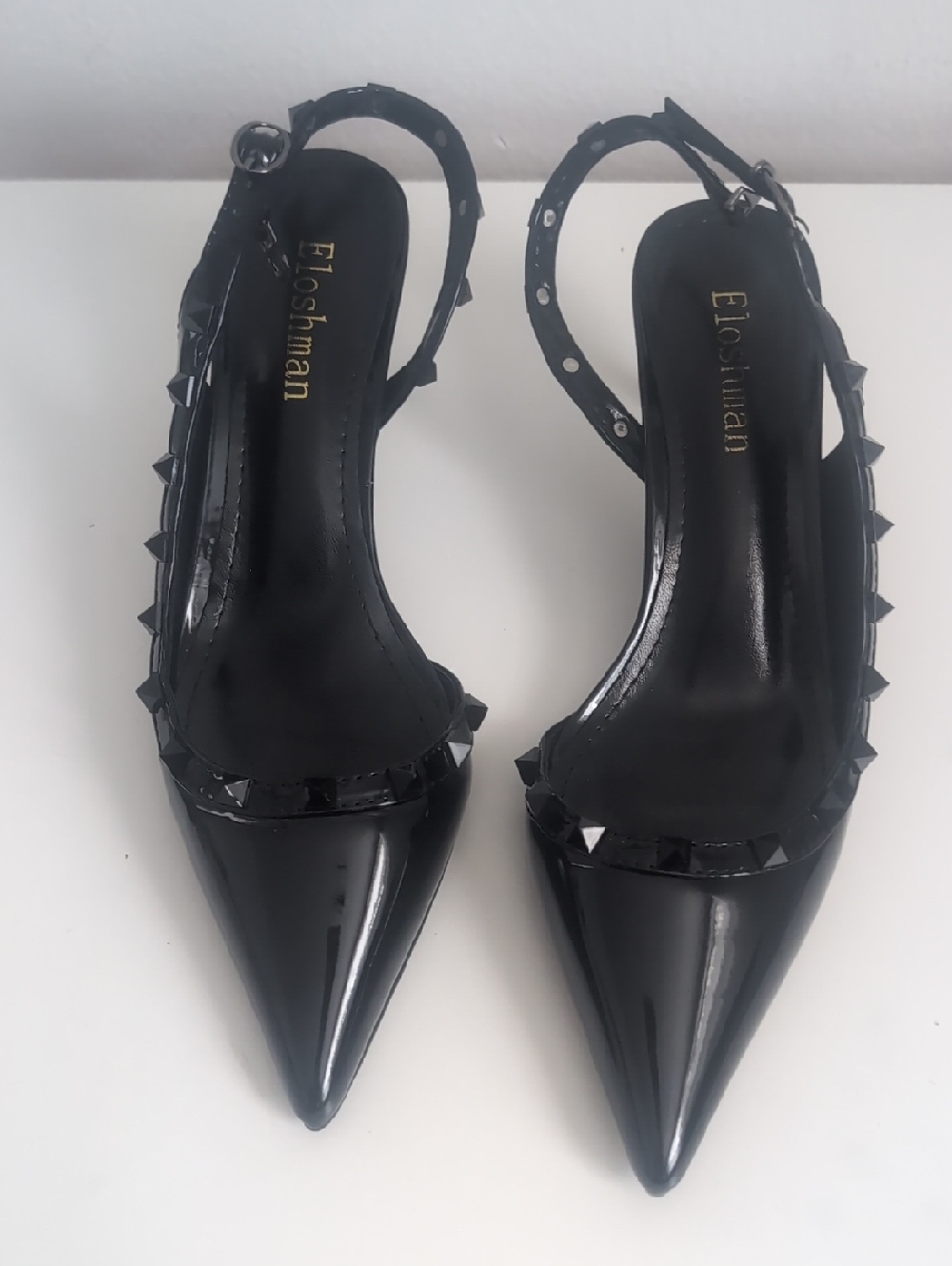 Eloshman Black Patent Pointed Toe Studded Slingback Heels Size 39.